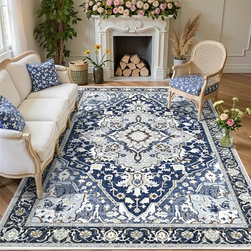 5x7 Blue Boho Area Rug Washable Non-Slip - Low Pile Farmhouse Living Room Bedroom Rug - Machine Washable Medium Indoor Carpet with TPE Backing, Vintage Easy Clean, Navy Blue Multi
